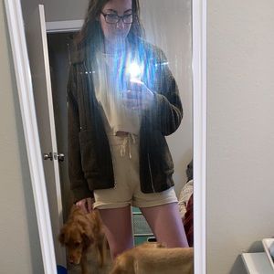 Olive green Zip bomber fuzzy outside